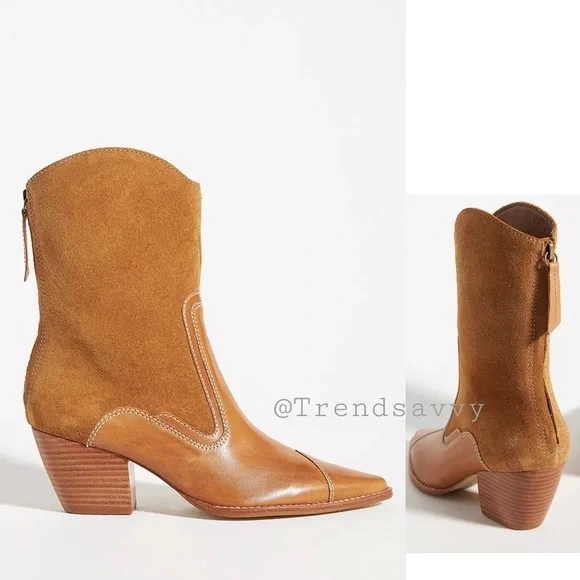 ANTHROPOLOGIE Leather Carina Western Heels Boots Shoes Honey Brown Size 6 NWT - Picture 1 of 6